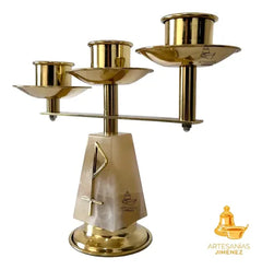 Candeleros De Mesa Tres Luces (2 Piezas) Piramidal Dorado Piedra Onix Redonda