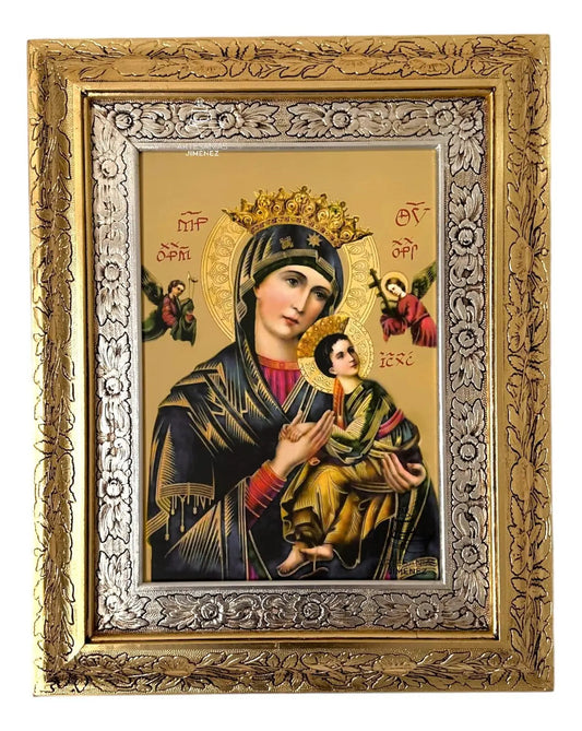 Cuadro de la Virgen del Perpetuo Socorro, 60x47 cm, acabado combinado oro y plata
