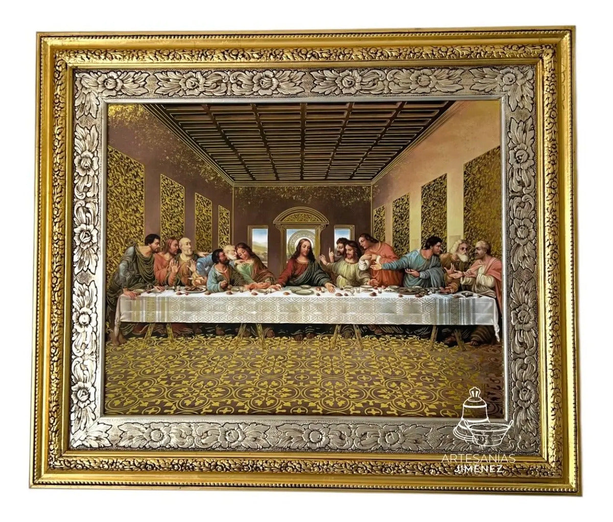 Cuadro de la Última Cena de 69x58 cm, acabado combinado oro y plata, hecho a mano en México