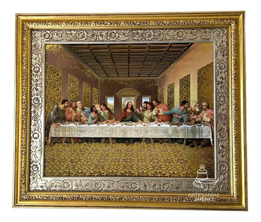 Cuadro de la Última Cena de 69x58 cm, acabado combinado oro y plata, hecho a mano en México