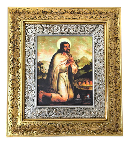Cuadro de madera de San Juan Diego, 45x40 cm, acabado combinado oro y plata, hecho a mano en México