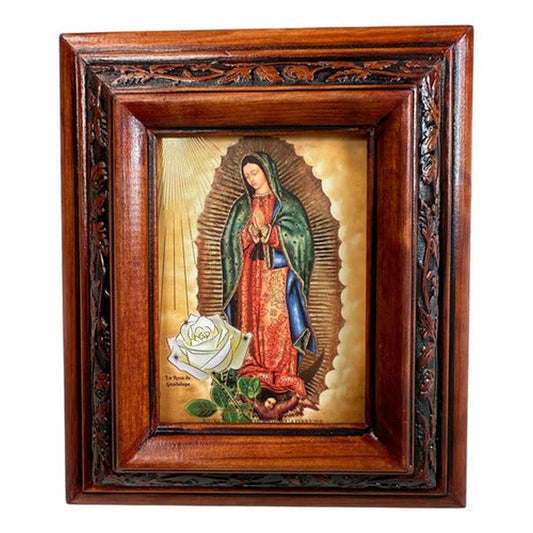 Cuadro Rosa de Guadalupe de 22x19 cm en madera de pino, acabado nogal, hecho a mano en México