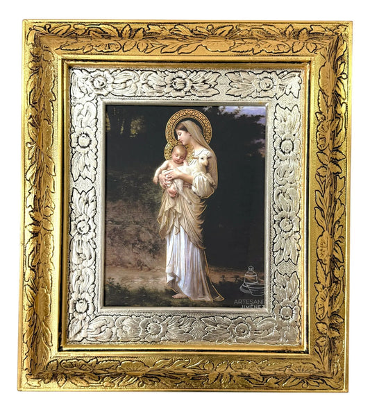 Cuadro de la Virgen María con el Niño Jesús y el cordero, 45x40 cm, acabado oro y plata