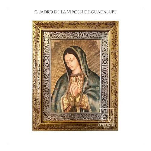 Cuadro de la Virgen de Guadalupe, 60x47 cm, acabado combinado oro y plata, hecho en México