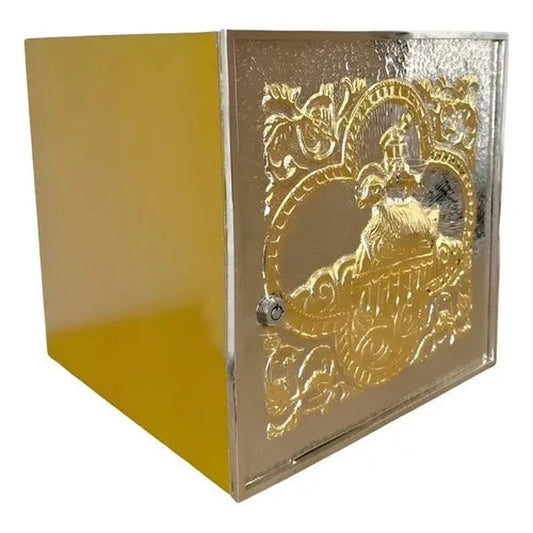 Sagrario modelo panes, peces y cruz de 30x30 cm con baño de níquel y oro, hecho a mano en México