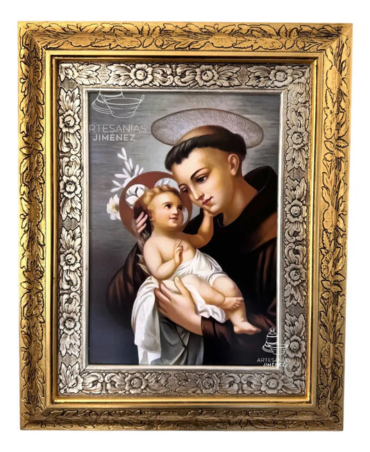 Cuadro de San Antonio de Padua de 60x47 cm, acabado combinado oro y plata, hecho a mano en México