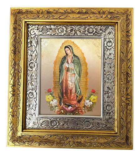 Cuadro Virgen De Guadalupe Rosas 45x40cm C014 Virgen Con Arco De Flores Oro Y Plata
