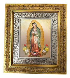 Cuadro Virgen De Guadalupe Rosas 45x40cm C014 Virgen Con Arco De Flores Oro Y Plata