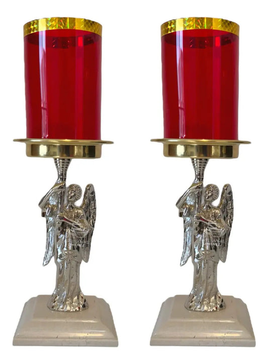 Candeleros de altar con ángel de bronce, ónix y latón, acabado plateado, hecho a mano en México