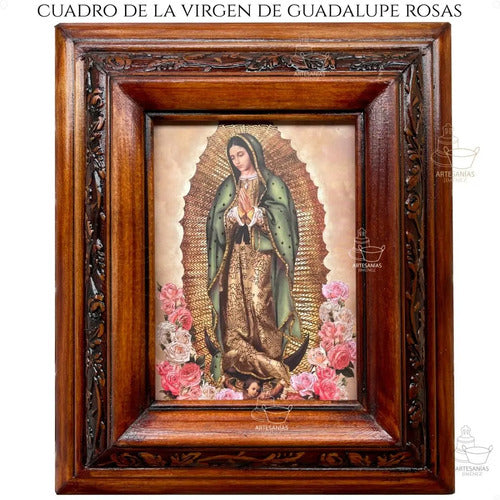 Cuadro de la Virgen de Guadalupe, acabado nogal, hecho a mano en México