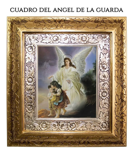 Cuadro del Ángel de la Guarda, 45x40 cm, acabado combinado oro y plata, hecho en México