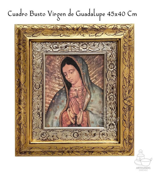 Cuadro del busto de la Virgen de Guadalupe de 45x40 cm, acabado combinado oro y plata