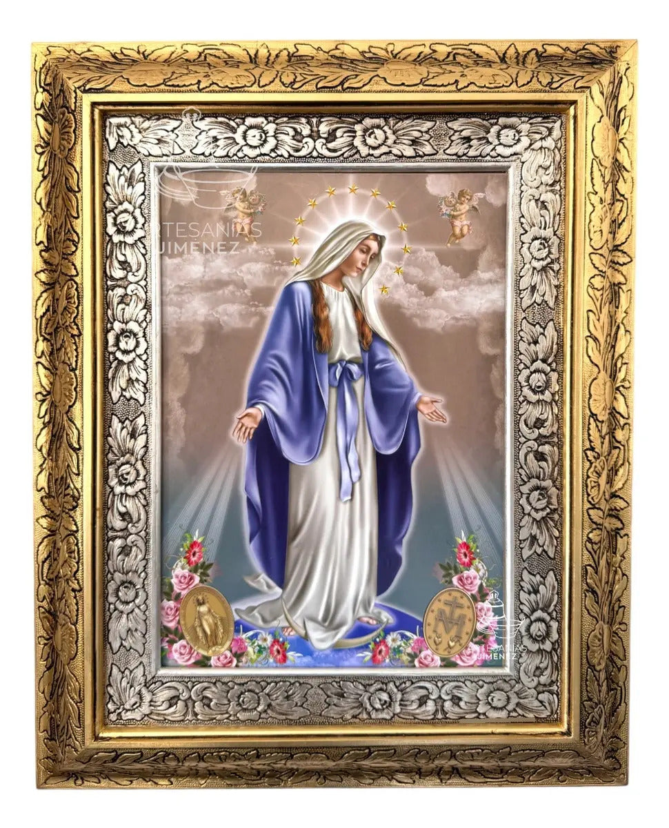 Cuadro de la Virgen de los Milagros de 60x47 cm, acabado combinado oro y plata