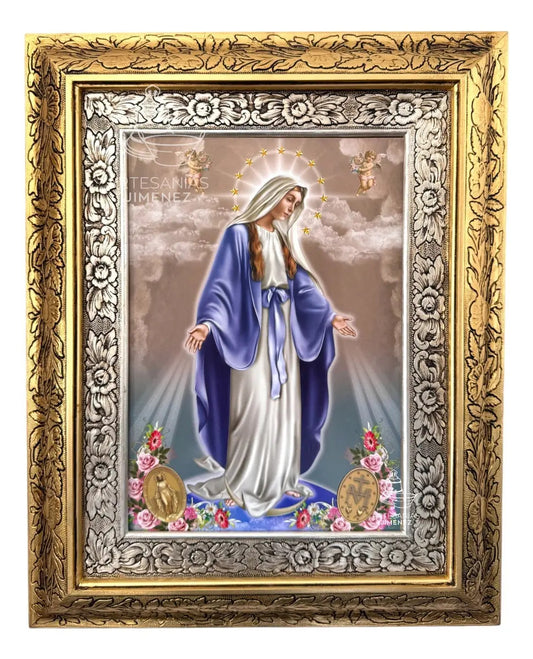 Cuadro de la Virgen de los Milagros de 60x47 cm, acabado combinado oro y plata