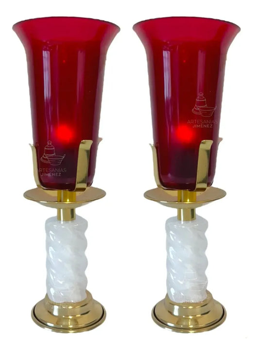 Candeleros eléctricos de altar, modelo caramelo semanario, ónix y latón dorado, hecho a mano en México