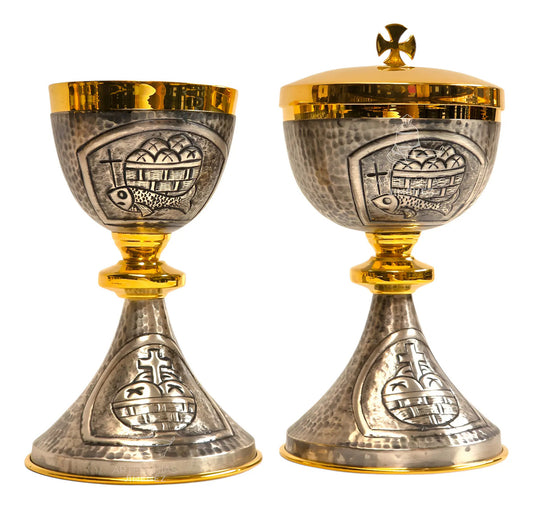 Cáliz copón y patena litúrgico vaso sagrado, con baño de oro, hecho a mano en México