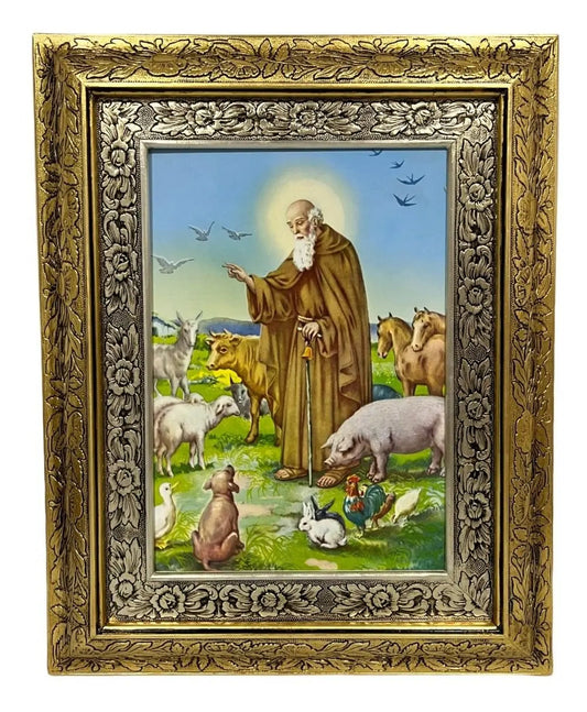 Cuadro de San Antonio Abad de 60x47 cm, acabado combinado oro y plata, hecho a mano en México