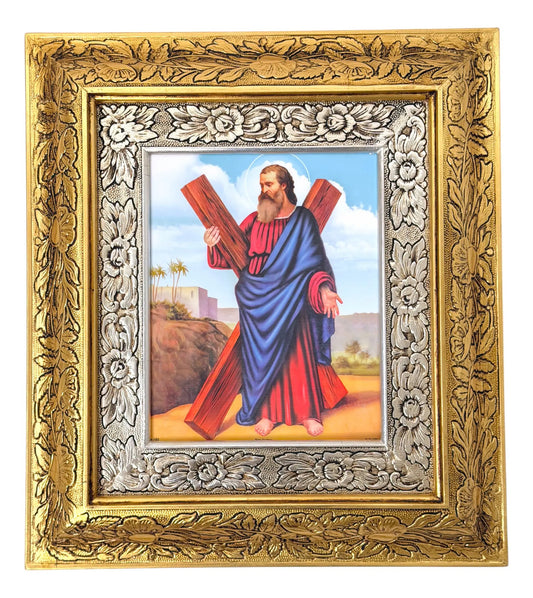 Cuadro de madera de San Andrés Apóstol, 45x40 cm, acabado combinado oro y plata, hecho en México