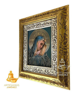 Cuadro Virgen De Los Dolores Con Fondo Azul Y Marco Oro Plata  45x40 Cm Combinado Oro Plata