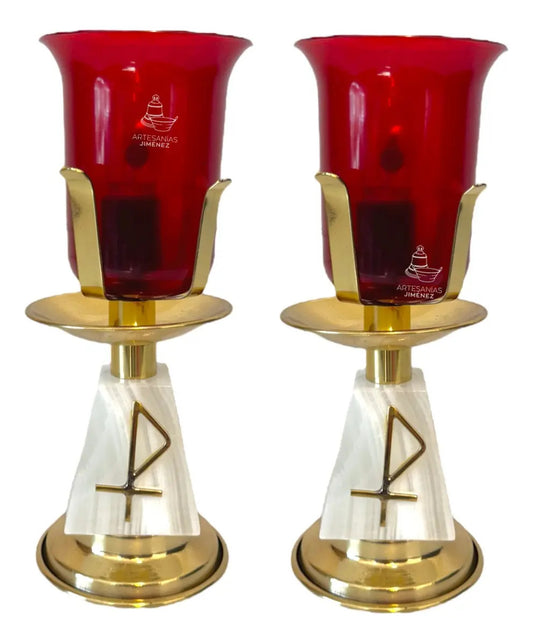 Candeleros eléctricos de altar, piramidales media semana, ónix y latón dorado, hecho a mano en México