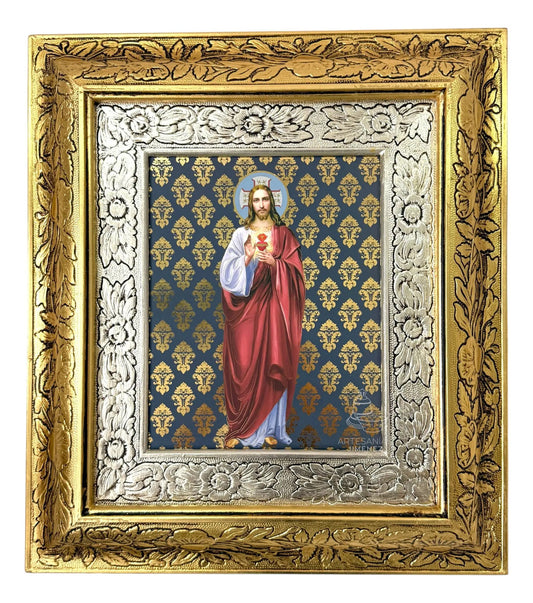 Cuadro del Sagrado Corazón de Jesús de 45x40 cm, acabado combinado oro y plata