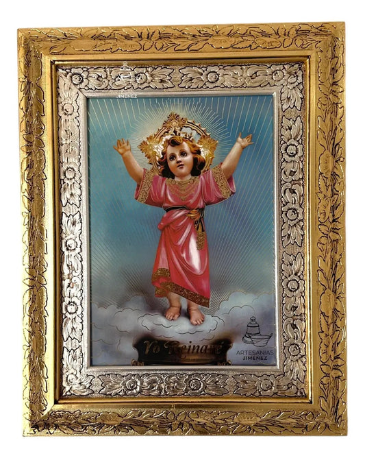 Cuadro del Divino Niño Jesús de 60x47 cm, acabado combinado oro y plata, hecho a mano en México