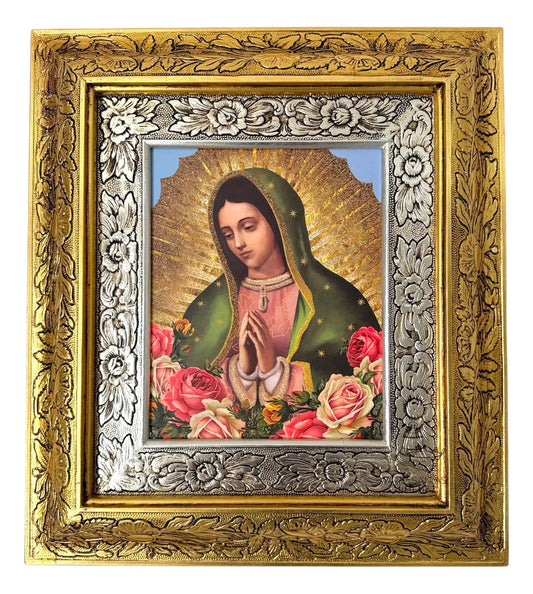 Cuadro del busto de la Virgen de Guadalupe con rosas, 45x40 cm, acabado oro y plata