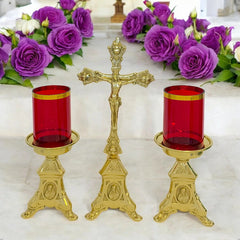 Candeleros Y Cruz De Mesa Barroco Religiosos Con Vasos Rojos Bronce