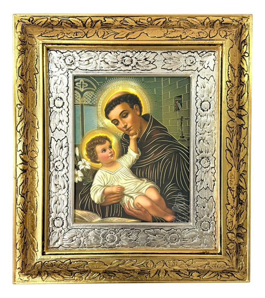 Cuadro de San Antonio de Padua, 45x40 cm, acabado combinado oro y plata