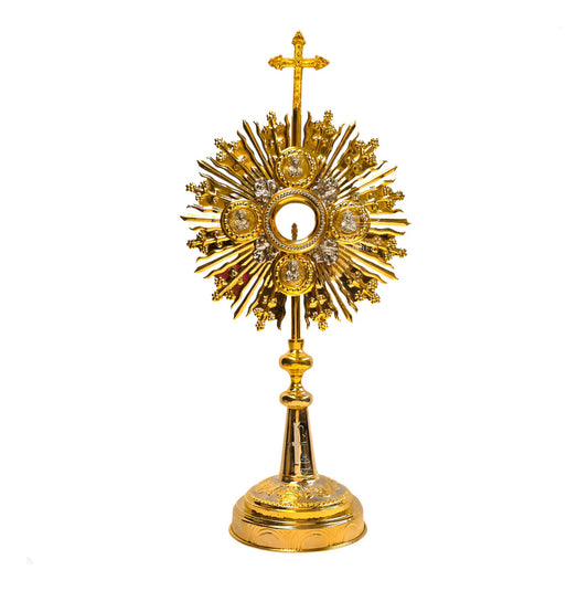 Custodia eucarística de 90 cm, modelo cuatro evangelistas, en latón y bronce con baño de oro, hecha a mano en México