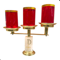 Candeleros De Tres Luces (2 Piezas) Cuadrados Con Pantallas Simbolo P Crismon Pantallas Rojas