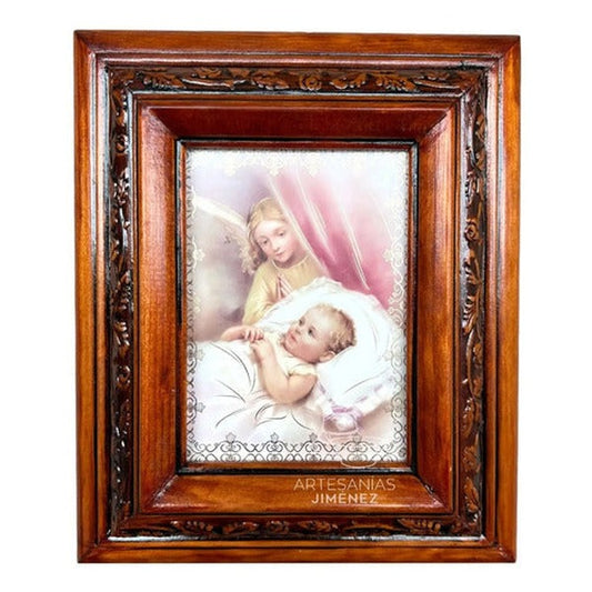 Cuadro de querubín ángel protector con bebé, acabado nogal, hecho a mano en México