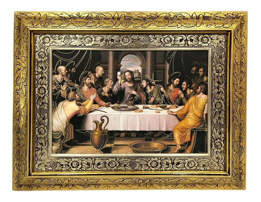 Cuadro de la Última Cena de Jesús de Nazaret, 60x47 cm, acabado combinado oro y plata