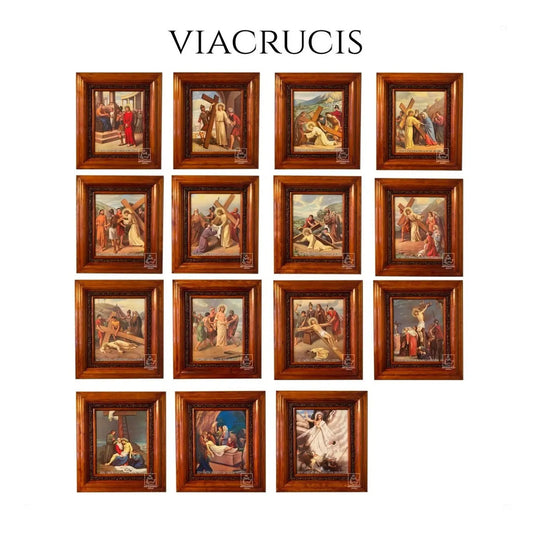 Vía crucis de 15 piezas en madera, 40x35 cm, hecho a mano en México
