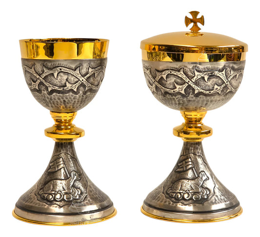 Cáliz copón y patena litúrgico vaso sagrado, con baño de oro, hecho a mano en México
