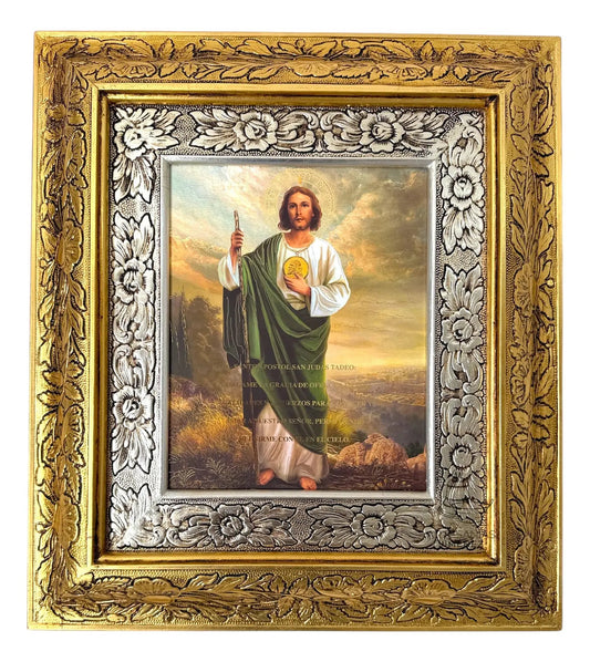 Cuadro de San Judas Tadeo con frase, 45x40 cm, acabado dorado con plateado
