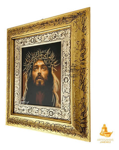 Cuadro Rostro De Cristo Jesús 45x40 Cm Combinado Oro Y Plata Oro Y Plata
