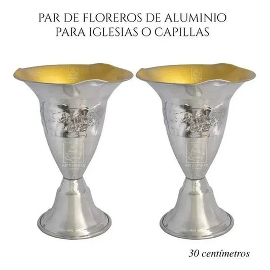 Par de floreros de altar de 30 cm, modelo tulipán, en aluminio con acabado plateado, hechos a mano en México