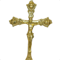 Candeleros Y Cruz De Mesa Barroco Religiosos Con Vasos Rojos Bronce