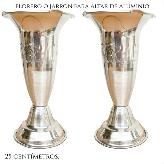 Par de floreros de altar de 25 cm, modelo tulipán, en aluminio con acabado plateado, hechos a mano en México