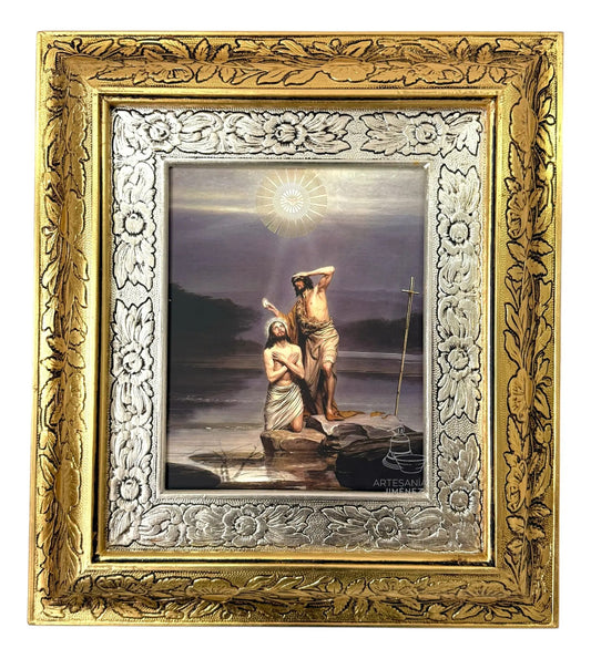 Cuadro del bautizo de Jesús con San Juan Bautista, 45x40 cm, acabado oro y plata
