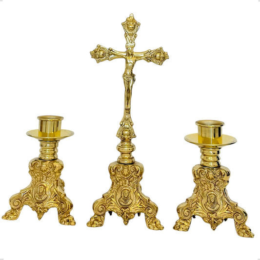 Candeleros y cruz de mesa barroco de bronce con pie de león y portavela, hecho a mano en México