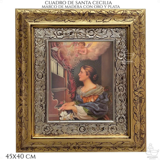 Cuadro de Santa Cecilia, 45x40 cm, acabado combinado oro y plata, hecho a mano en México