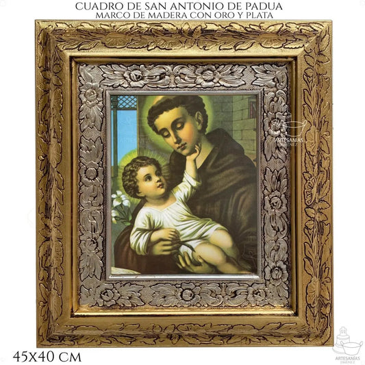 Cuadro de San Antonio de Padua, 45x40 cm, acabado combinado oro y plata, hecho en México