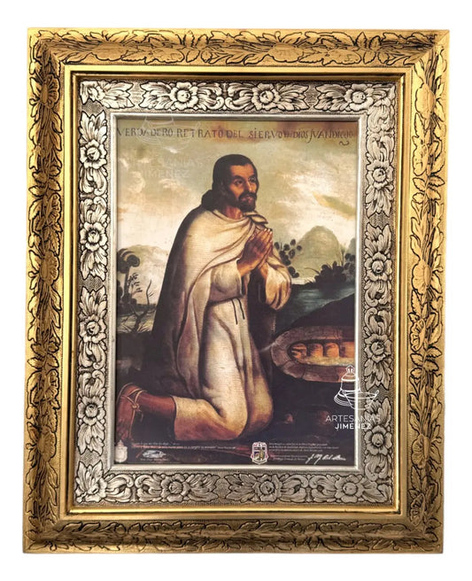 Cuadro de Juan Diego de 60x47 cm, acabado combinado oro y plata, hecho a mano en México