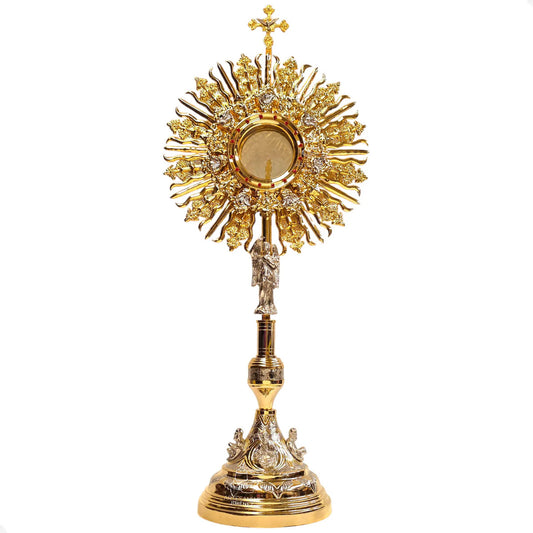 Custodia tradicional de sol de 1.25 m para iglesia, en latón con baño de oro, hecha a mano en México