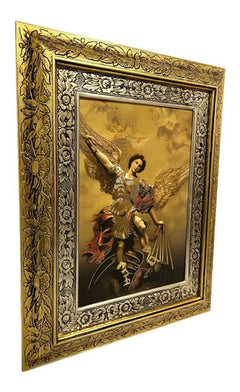 Cuadro De San Miguel Arcangel 60x47 Cm Filos Dorados Combinado Oro Y Plata Oro Y Plata