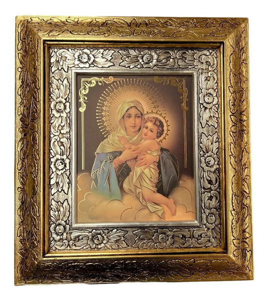 Cuadro de la Virgen de Schoenstatt de 45x40 cm, acabado combinado oro y plata, hecho a mano en México