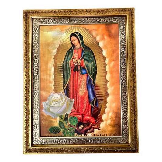 Cuadro de la Virgen de Guadalupe modelo Rosa de Guadalupe, 90x70 cm, acabado combinado oro y plata
