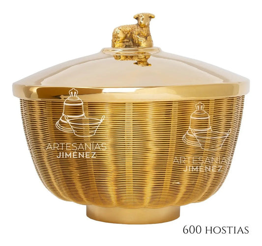 Cesto copón litúrgico 600 hostias dorado, de latón con baño de oro, hecho a mano en México